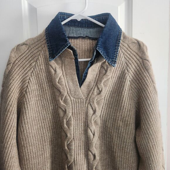 NWT COMMENSE Denim Collar Layered Sweater Beige Knit Sweater XS oversized fit - Picture 3 of 8
